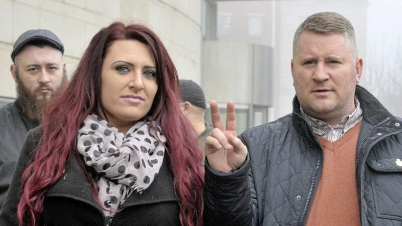 Britain First leader Paul Golding at Belfast Magistrates Court in January with Deputy Leader Jayda Fransen 