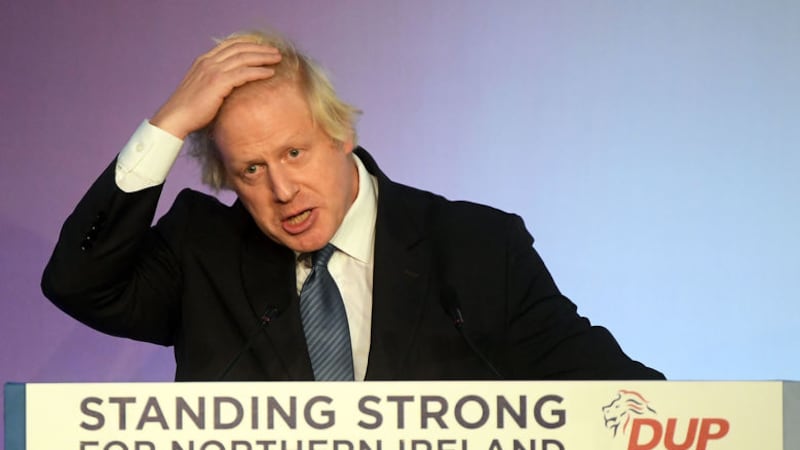 British Prime Minister Boris Johnson addressing the DUP Party conference in Belfast in 2018 where he told delegates that there would only be a border in the Irish Sea over his dead body&nbsp;