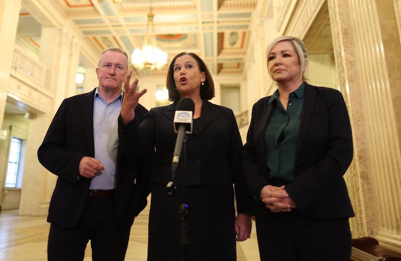 Sinn Fein's Conor Murphy MLA, president Mary Lou McDonald and vice-president Michelle O'Neill in the Great Hall at Stormont, Belfast after the DUP party executive backed a Government deal aimed at addressing its concerns over post-Brexit trade barriers. PICTURE: COLM LENAGHAN
