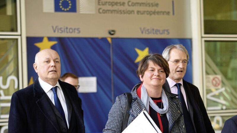 Arlene Foster, Iain Duncan Smith and Owen Paterson leaving the European Commission following a meeting with Michel Barnier 