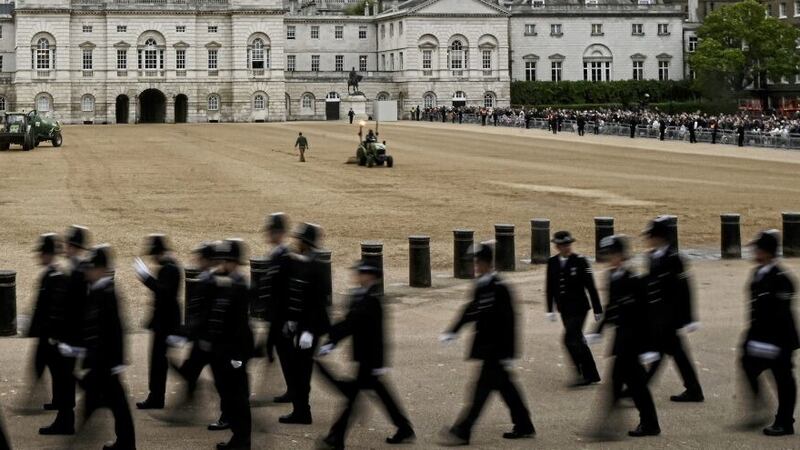 Police officers preparing on Horse Guards in London ahead of the State Funeral of Queen Elizabeth II on Monday. The PSNI said 53 officers were deployed to help with the policing operation, Picture PA Wire 