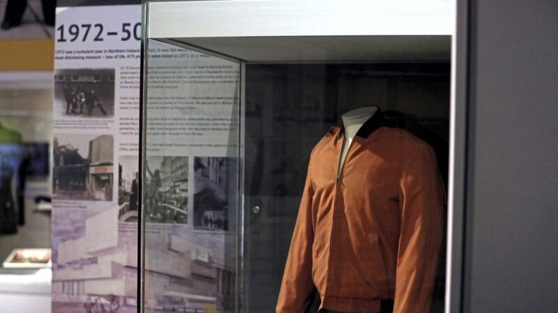 A jacket worn by Michael Quinn, who was seriously injured on Bloody Sunday, on display at the Ulster Museum in Belfast 