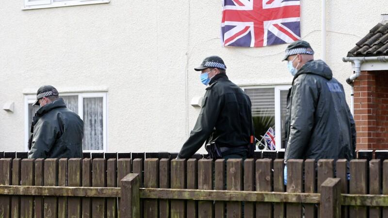 Police carry out a search around the area in the Westland estate in north Belfast where a man in his 30&#39;s was shot in the back. Picture by Mal McCann. 