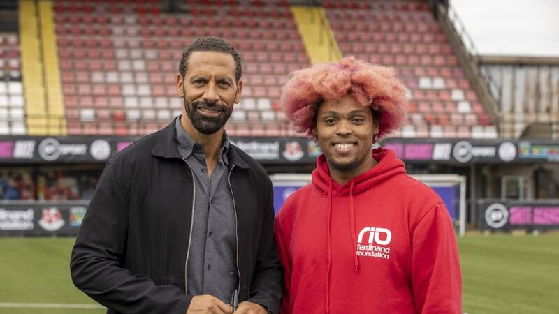 &nbsp;Rio Ferdinand (left) with Leo Brown, Northern Ireland Ambassador for the Rio Ferdinand Foundation, during the BT Hope United match at Crusaders FC Seaview grounds in Belfast on the eve of the Super Cup to raise awareness about the devastating impact of online hate in sport and among young people