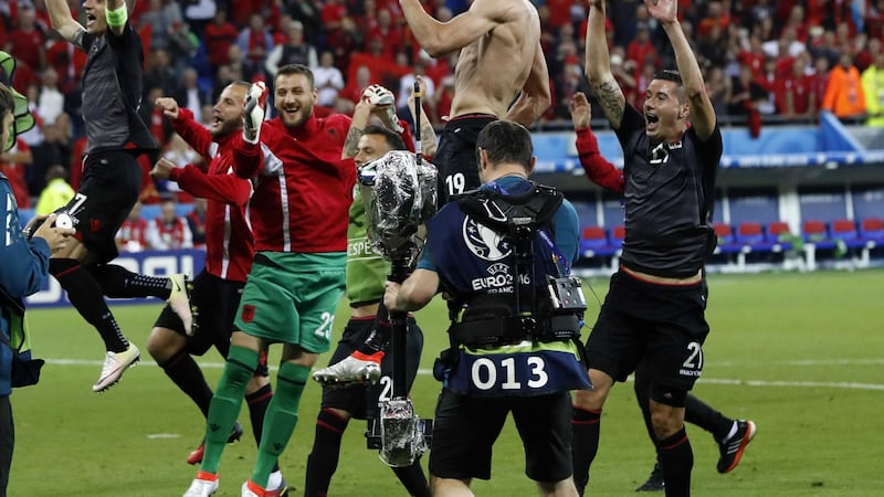 Albania's players celebrate their victory over Romania in Sunday night's Euro 2016 Group A match at the Grand Stade in Decines-&Acirc;Charpieu, near Lyon<br />Picture by AP&nbsp;