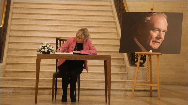 &nbsp;Sinn F&eacute;in leader in the North Michelle O'Neill signs the book of condolences for her 'mentor' Martin McGuinness
