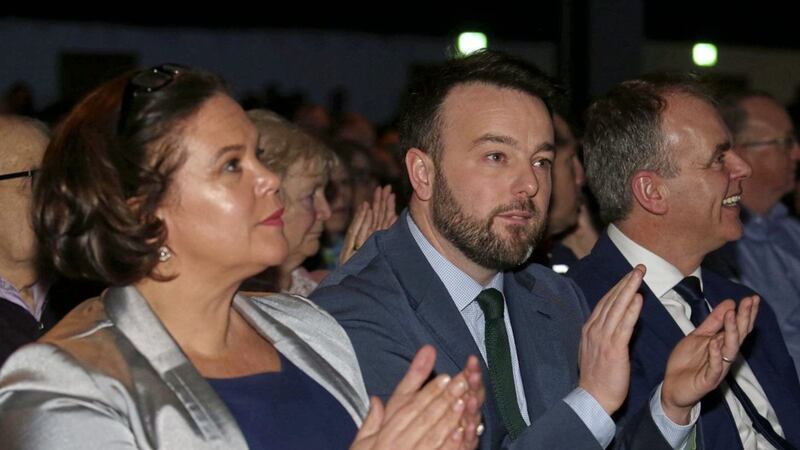 Mary Lou McDonald and Colum Eastwood side by side at the Beyond Brexit event but at odds on the timing of a border poll. Picture by Mal McCann 
