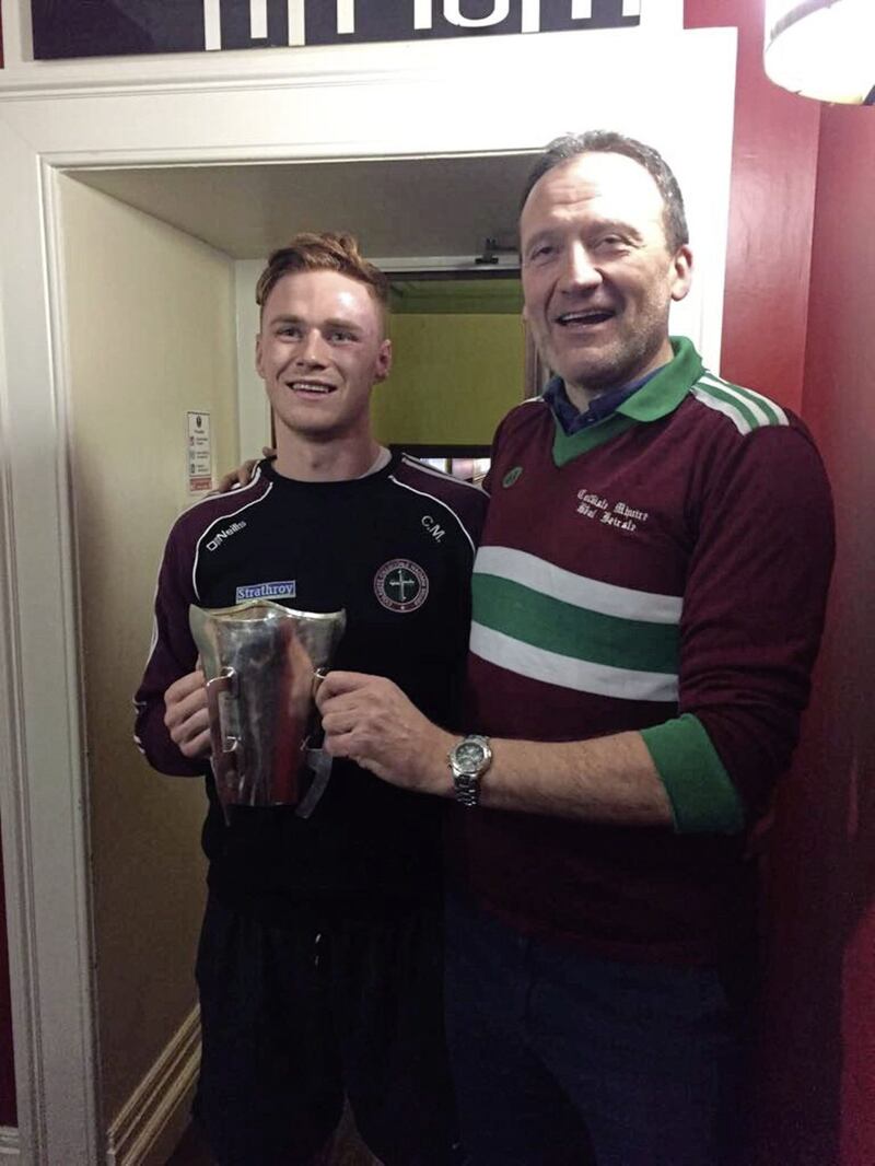 St Mary&#39;s two Sigerson winning captains pictured together on Saturday night - Conor Meyler (left) and John Reihill, who captained the team in 1989. 