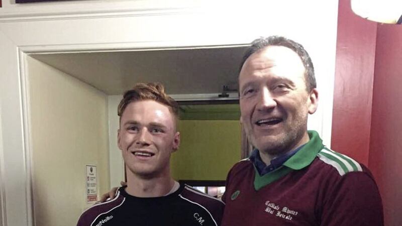 St Mary&#39;s two Sigerson winning captains pictured together on Saturday night - Conor Meyler (left) and John Reihill, who captained the team in 1989. 