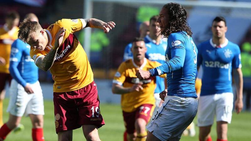 Rangers' Bilel Mohsni attacks Motherwell's Lee Erwin at the end of the Scottish Premiership play-off final, which Rangers lost 6-1 on aggregate&nbsp;