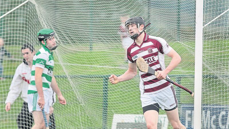 &nbsp; Brendan Rogers celebrates after scoring a goal for Slaughtneil in last year&rsquo;s Derry senior hurling final win over Swatragh. The teams meet in the semi-finals tomorrow with the reigning champions favourite to advance