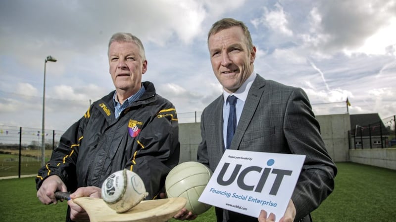 Pictured are Paul Lavery, treasurer of Carryduff GAC, with Phelim Sharvin, UCIT&rsquo;s associate director. 