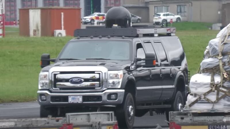 An armoured SUV dubbed 'The Roadrunner' used by the US president to make emergency security calls pictured after being ferried to Belfast by the US Air Force. Picture by CobraEmergency YouTube