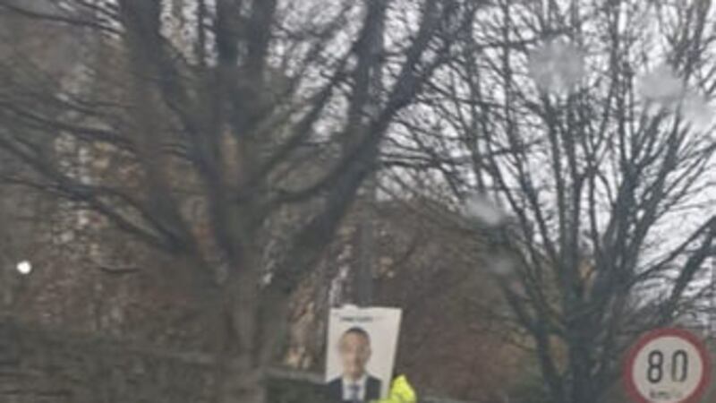 Photo taken from the Twitter feed of Councillor Paul Donnelly of staff erecting posters of Taioseach Leo Varadkar around his constituency, Dublin West, before the D&aacute;il had been dissolved or an election had officially been called &nbsp;