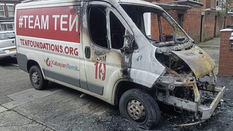 A van belonging to the Ten Foundations charity was burnt out in what police are treating as a hate crime. Picture from Ian Campbell/Facebook 