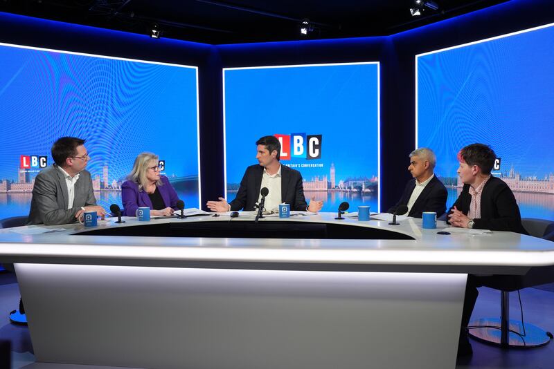 London mayoral candidates Liberal Democrat candidate Rob Blackie (left), Conservative party candidate Susan Hall, current Mayor of London and Labour party candidate Sadiq Khan and Green party candidate Zoe Garbett (right) during the LBC London Mayoral Debate
