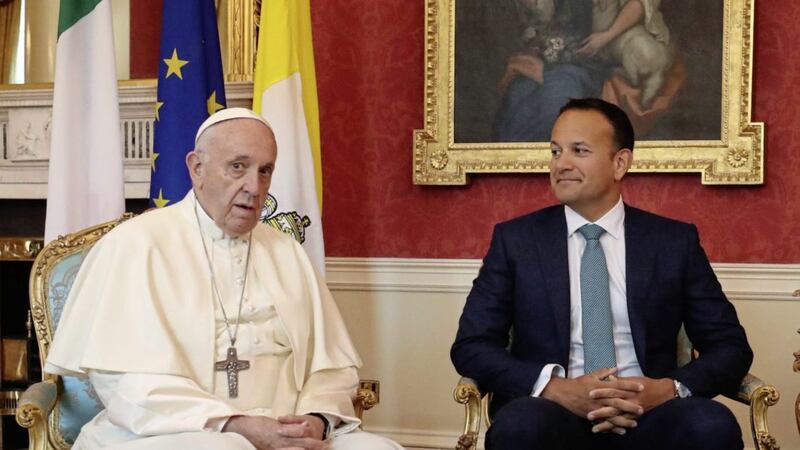 Pope Francis with Taoiseach Leo Varadkar at Dublin Castle during August&#39;s Papal visit. Picture by Niall Carson/PA Wire 