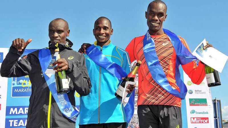 Alan Lewis - PhotopressBelfast.co.uk      2/5/2016.Mandatory Credit - Picture by Justin Kernoghan.The men's race was won by Joel Kispang Kositany (centre).The Kenyan posted a time of 2:17:39, some two minutes faster than his time in last year's marathon. Kositany broke clear in the closing stages to finish ahead of compatriot Eric Koech, with a time of two hours, 17 minutes and 39 seconds.Dan Tanui completed an all-Kenyan podium as he finished third. The 35th Belfast City Marathon is taking place, with more than 17,500 runners participating.The race started at Belfast City Hall and finishes at Ormeau Park. The route takes in streets in the north, south, east and west of the city...