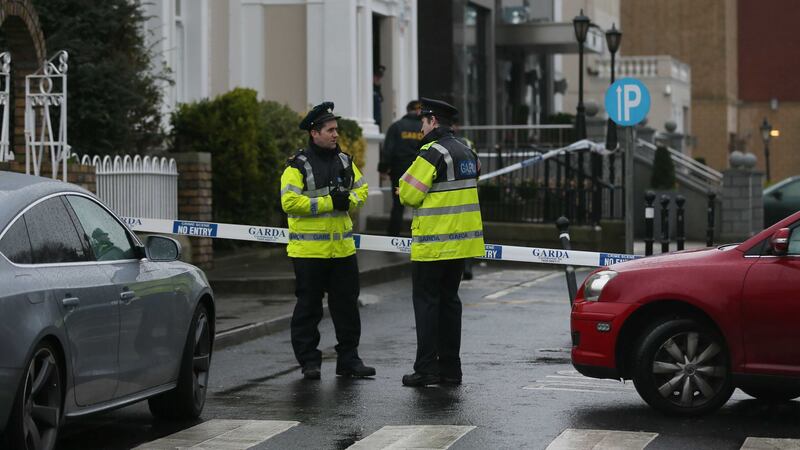 Gardai outside the Regency Hotel in Dublin after one man died and two others were injured following a shooting incident at the hotel.  Picture by Niall Carson, Press Association &nbsp;