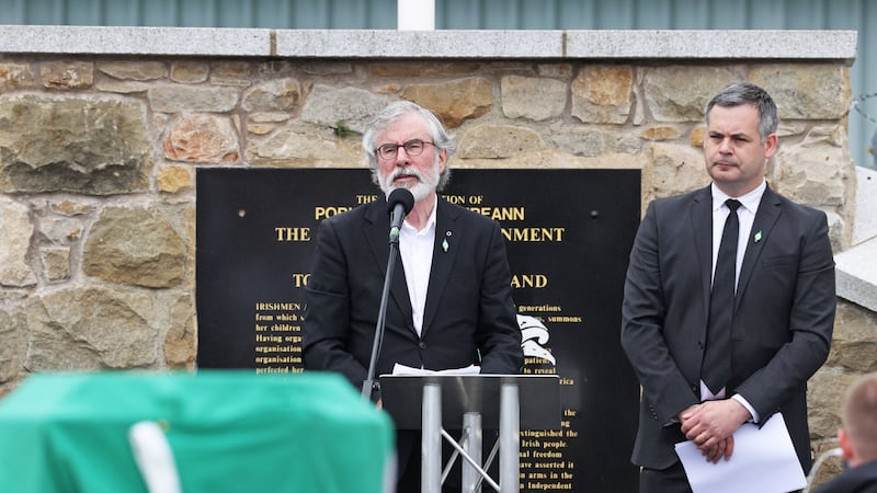 &nbsp;Former Sinn Fein president Gerry Adams (left) speaks alongside Sinn Fein TD Pearse Doherty during the funeral of senior Irish Republican and former leading IRA figure Bobby Storey at Milltown Cemetery in west Belfast.