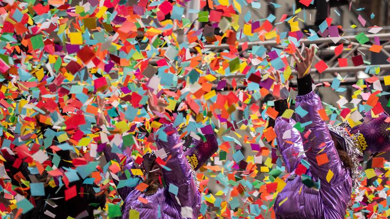 Times Square was filled with confetti in a test ahead of New Year’s Eve (Yuki Iwamura/AP)