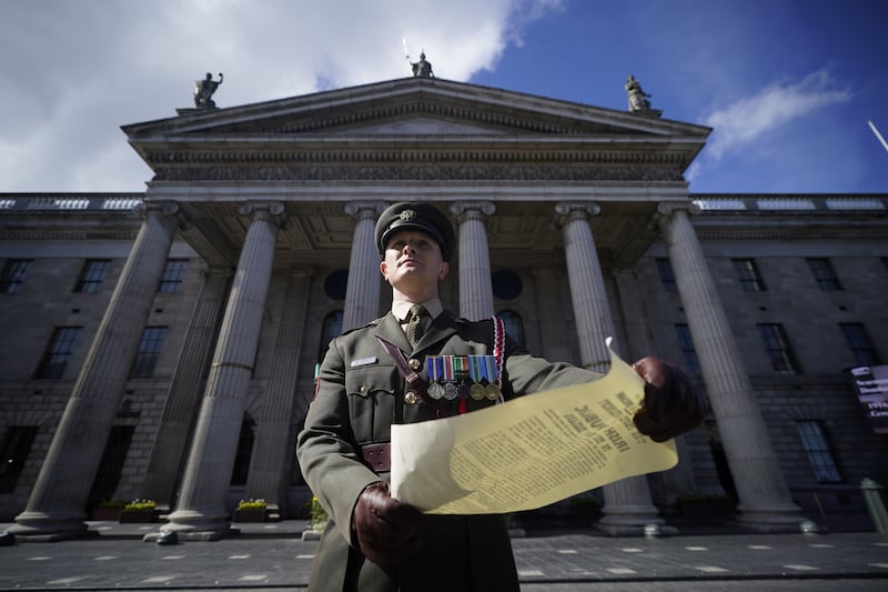 Captain Paul Murphy with the Proclamation of Independence following a ceremony at the GPO in Dublin