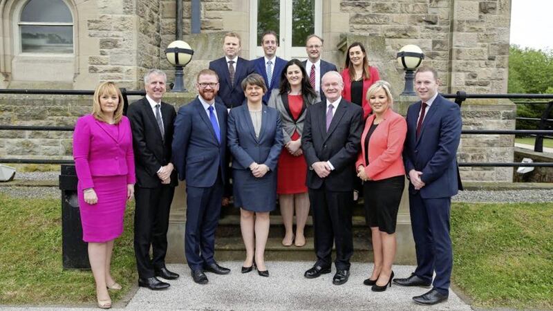 Arlene Foster and Martin McGuinness with fellow DUP and Sinn F&eacute;in ministers and independent justice minister Claire Sugden in 2016 before the Stormont executive&#39;s collapse 