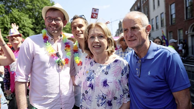 Former President of Ireland Mary McAleese, with her husband Martin (right) and her son Justin (second left) and his husband Fionan (left) during the Pride Parade in Dublin. Picture by Brian Lawless, Press Association