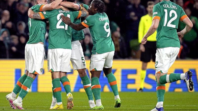 Republic of Ireland&#39;s John Egan (third left) celebrates scoring their side&#39;s first goal of the game. Robbie Brady scored a stoppage-time winner against Armenia 