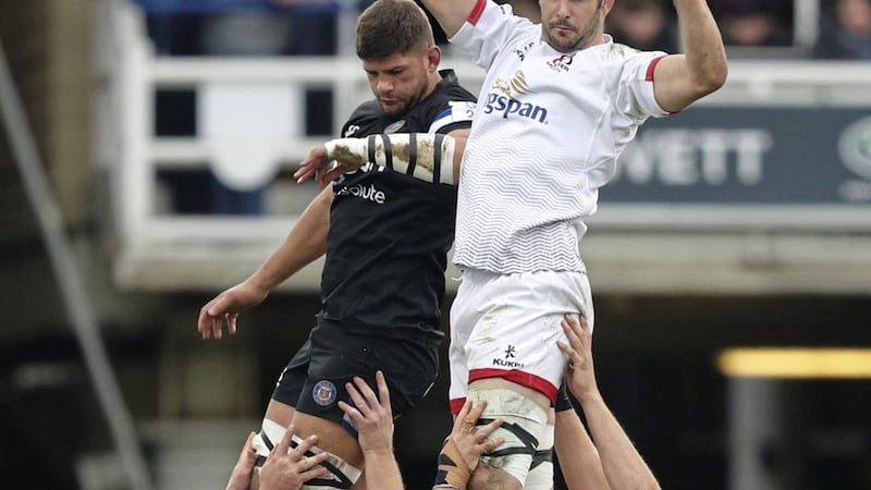 Ulster&#39;s Sam Carter (right) claims the ball in a lineout during the Pool Three match of the Heineken Champions Cup at the Recreation Ground, Bath. 