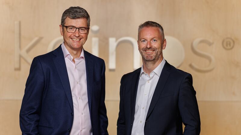 Kainos' outgoing chief executive, Brendan Mooney (left) with his successor, Russell Sloan (right), who will take over the role at the end of September.
