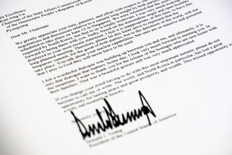 A copy of the letter sent to North Korean leader Kim Jong Un from President Donald Trump canceling their planned summit in Singapore is photographed in Washington. Picture by J David Ake, Associated Press 