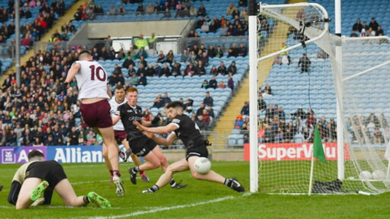 Matthew Tierney scores Galway's second goal in their Connacht SFC win over Sligo    Picture: Sportsfile