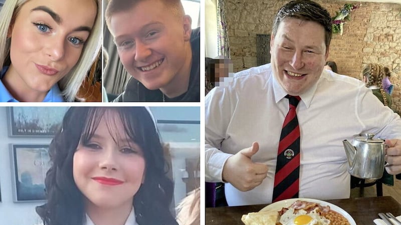 (clockwise from top left) Alana Harkin and Thomas Gallagher, Patrick Grimley and Candice Tosh have all died in road collsions in recent days