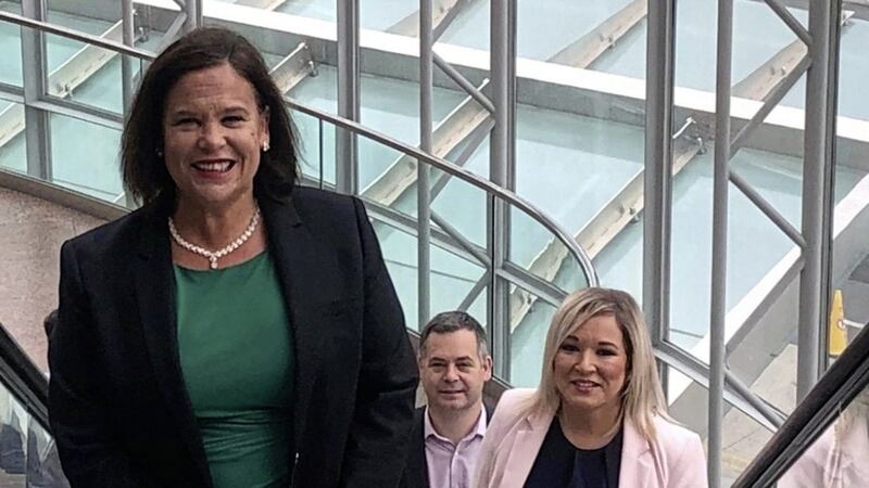 Sinn F&eacute;in&#39;s Mary Lou McDonald, Michelle O&#39;Neill and Pearse Doherty at Dublin&#39;s Convention Centre 