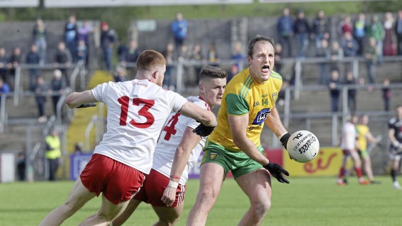 Cathal McShane and Michael McKernan of Tyrone in close proximity to Donegal captain Michael Murphy during last year&#39;s Championship. Picture Margaret McLaughlin 