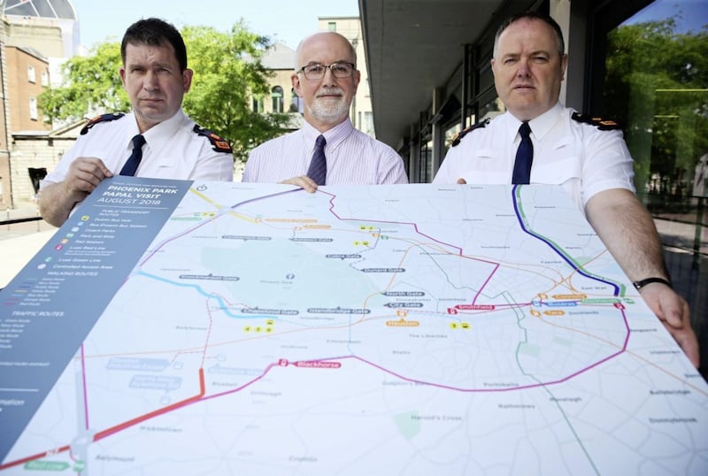 Tim Gaston, National Transport Authority (centre) with Garda Superintendent Tom Calvey (left) and Garda Superintendent Tom Murphy during a briefing about Pope Francis's visit. Picture by Brian Lawless, Press Association