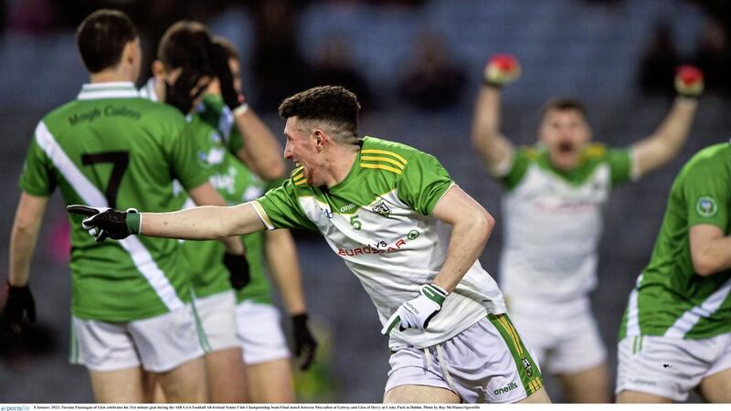 Tiarnan Flanagan wheels away in celebration after scoring Glen&#39;s goal just after half-time during yesterday&#39;s All-Ireland Club SFC semi-final. Picture by Sportsfile 