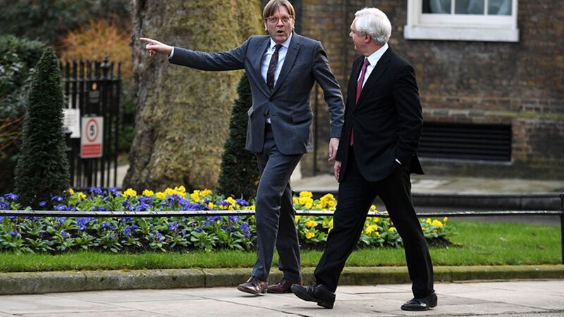 European Parliament Brexit co-ordinator Guy Verhofstadt (left) arrives in Downing Street, London, for talks with Brexit Secretary David Davis.Picture by Stefan Rousseau, PA Wire