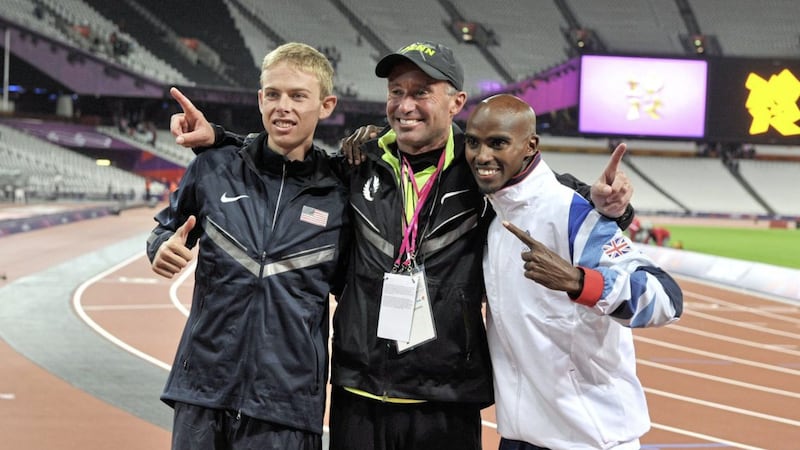 Mo Farah (right) celebrating winning the 10,000m final in 2012 with silver medalist Galen Rupp (left) and coach Alberto Salazar 