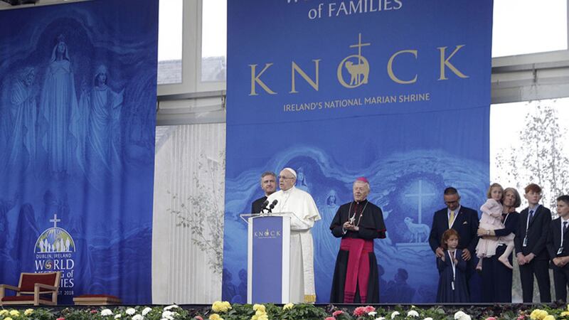 &nbsp;Pope Francis speaks at Knock shrine in Co Mayo this morning