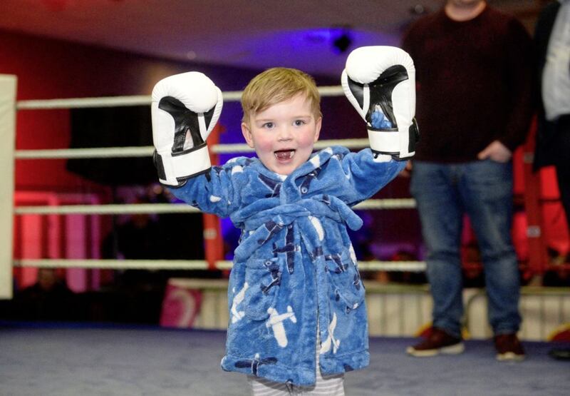 He stole the show with an interval appearance at the Devenish last Thursday, and young D&aacute;ith&iacute; Mac Gabhann will be the star attraction at the Ulster Elite finals tonight when he makes his ring debut at the famous Ulster Hall. His opponent will be Paddy Barnes and, five months after the two-time Olympic medallist retired, D&aacute;ith&iacute; will be hoping he can soften up &lsquo;The Leprechaun&rsquo; in front of a full house. Three-year-old D&aacute;ith&iacute; was born with hypoplastic left heart syndrome, and has been on the waiting list for a heart transplant for more than 500 days. His family started this Donate4D&aacute;ith&iacute; campaign to raise awareness of organ donation while he waits, and more information is available at www.donate4daithi.org. Picture by Mark Marlow 