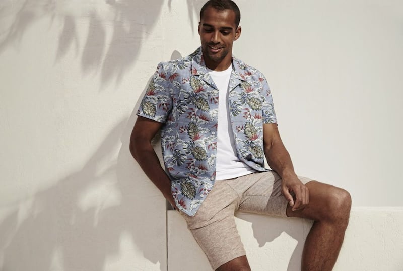 Matalan Short Sleeve Tropical Leaf Print Shirt, &pound;12.50; Slim Fit Crew Neck T-Shirt, &pound;4; Slim Fit Textured Shorts, &pound;16, available from Matalan 