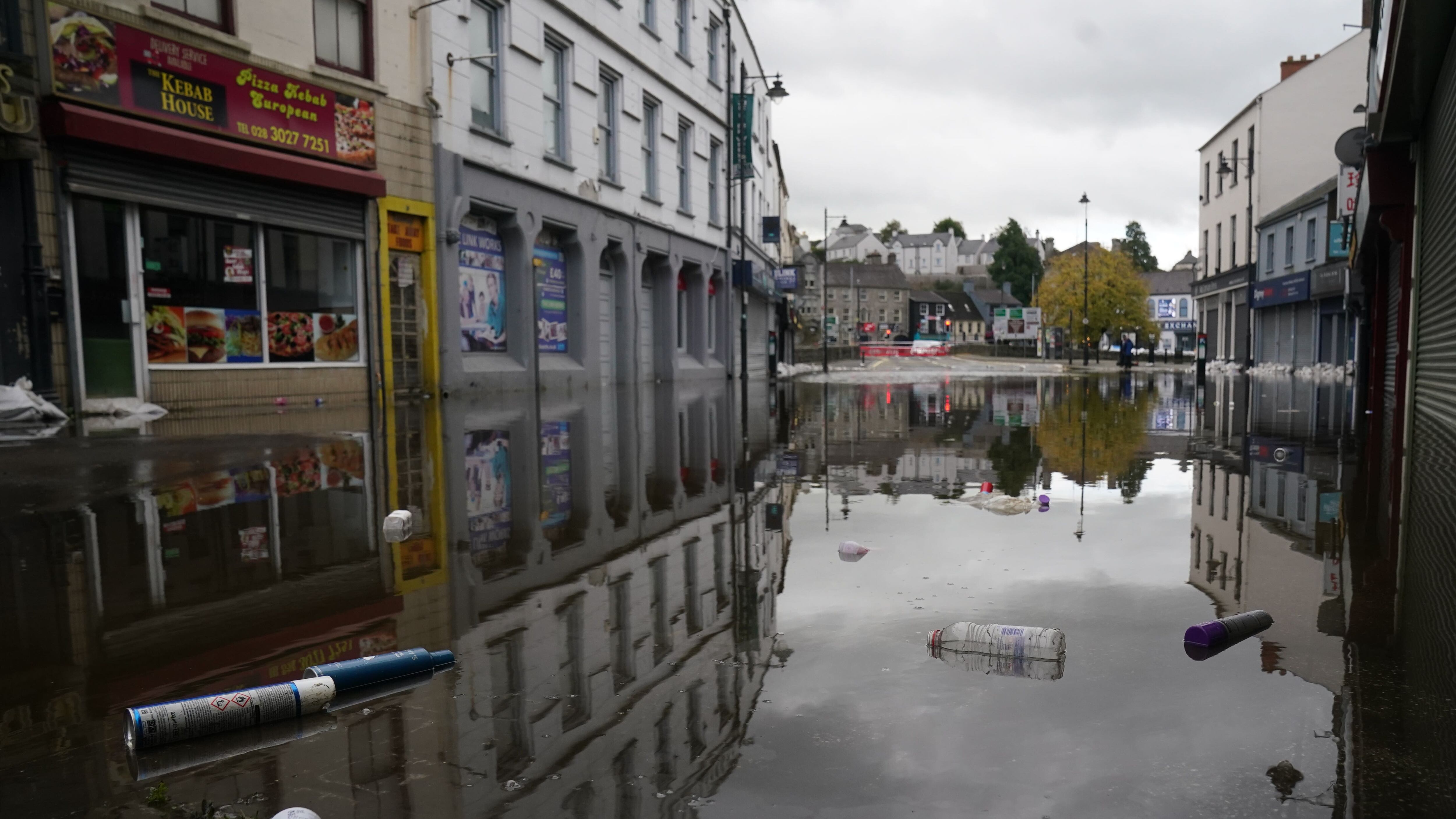 A view of debris and flood water in Sugar Island as the clear up begins in Newry (Brian Lawless/PA)