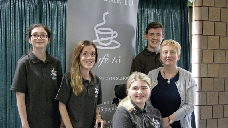 Fleming Fulton principal Karen Hancock, right, with pupils Courtney, Jayne, Katie and Conor 