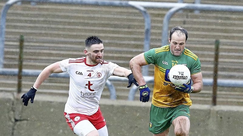 Donegal captain Michael Murphy and new Tyrone skipper Padraig Hampsey are no strangers to each other, but Hampsey might be set for a different role after being named at corner-back as part of a strong Tyrone full-back line. Picture by Philip Walsh 