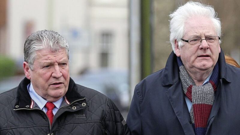 Michael Gallagher (right) who lost his son Aiden, and Stanley McComb, who lost his wife Ann in the Omagh bombings at a separate court hearing in 2016. Picture by Niall Carson /PA Wire. 
