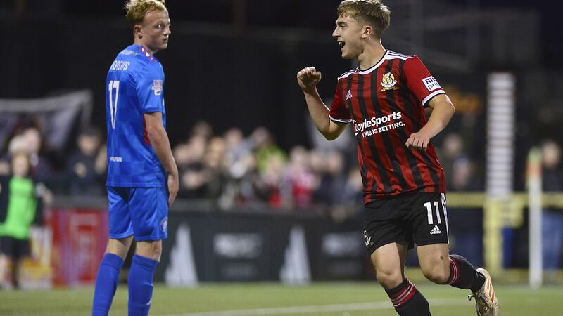 Former Newry City winger James Teelan was among the goals for Crusaders in their 9-0 win over Carrick on Tuesday night and returns to his old club on Saturday when the Crues travel to the Showgrounds   Picture: Pacemaker
