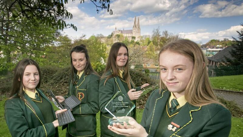 Annarose Tennyson, Suzannah Conway, Molly McNally and Aoife Tiffney will visit Buckingham Palace after reaching the final of the 2018 CyberFirst Girls Competition. Picture by Brian Morrison 