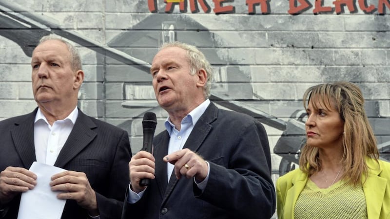 Martin McGuinness addresses a protest on the Falls Road, Belfast, in 2014 